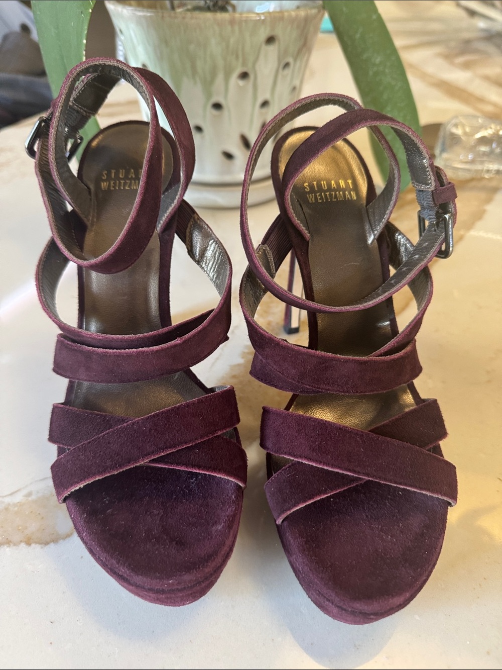 Stuart Weitzman Strappy Suede Heels in Deep Plum